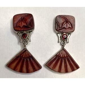 JLR Janice Lee Ripley Carved Cinnabar Garnet Earrings Sterling Flowers Flower